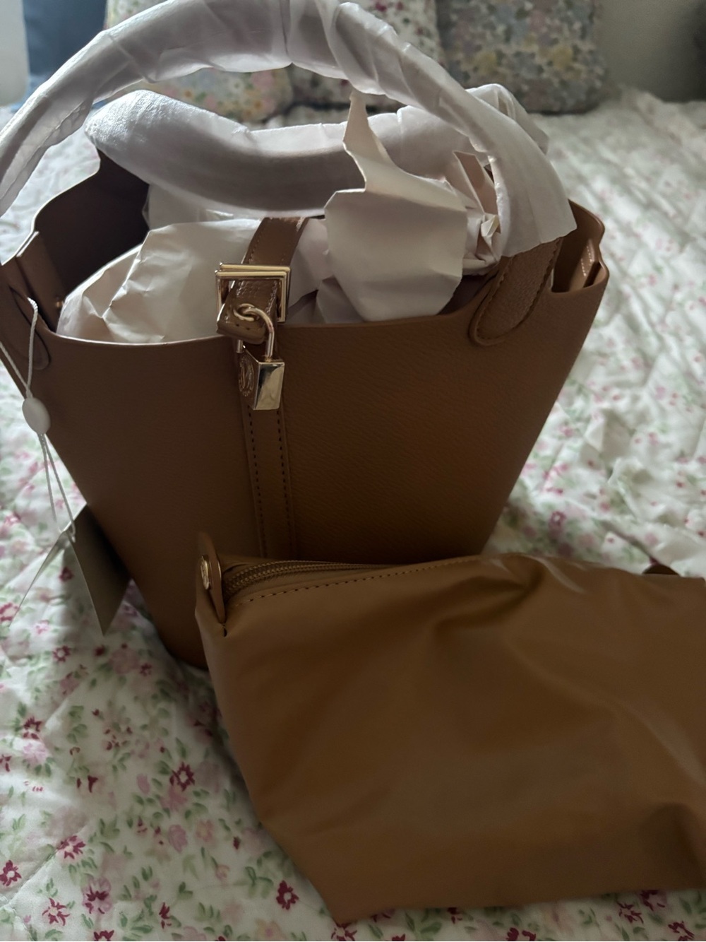 Valentino Tan Pebbled Leather Tote with Detachable Pouch